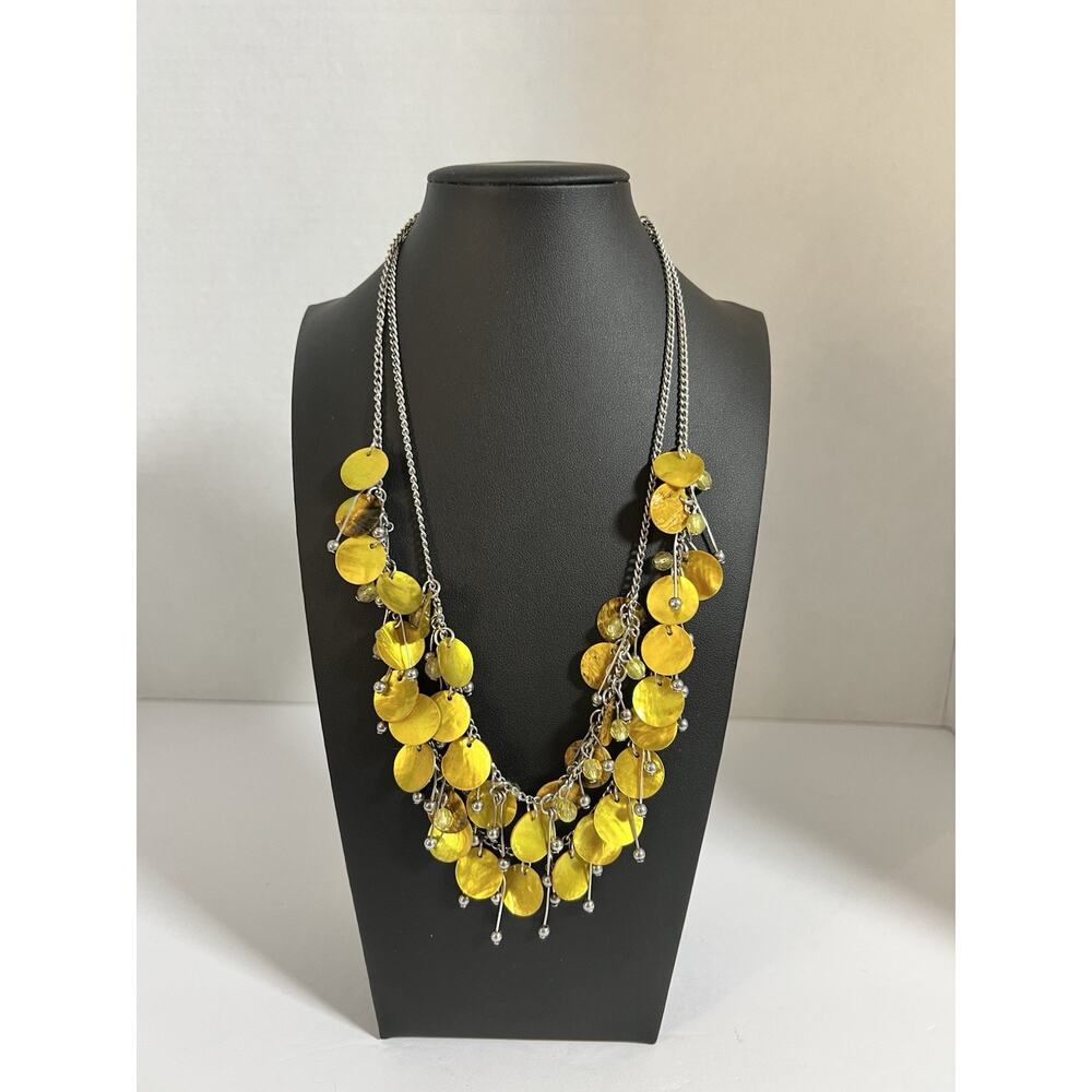 Vintage Vibrant Bib Necklace Shimmering Yellow Disks Double Silver Chains